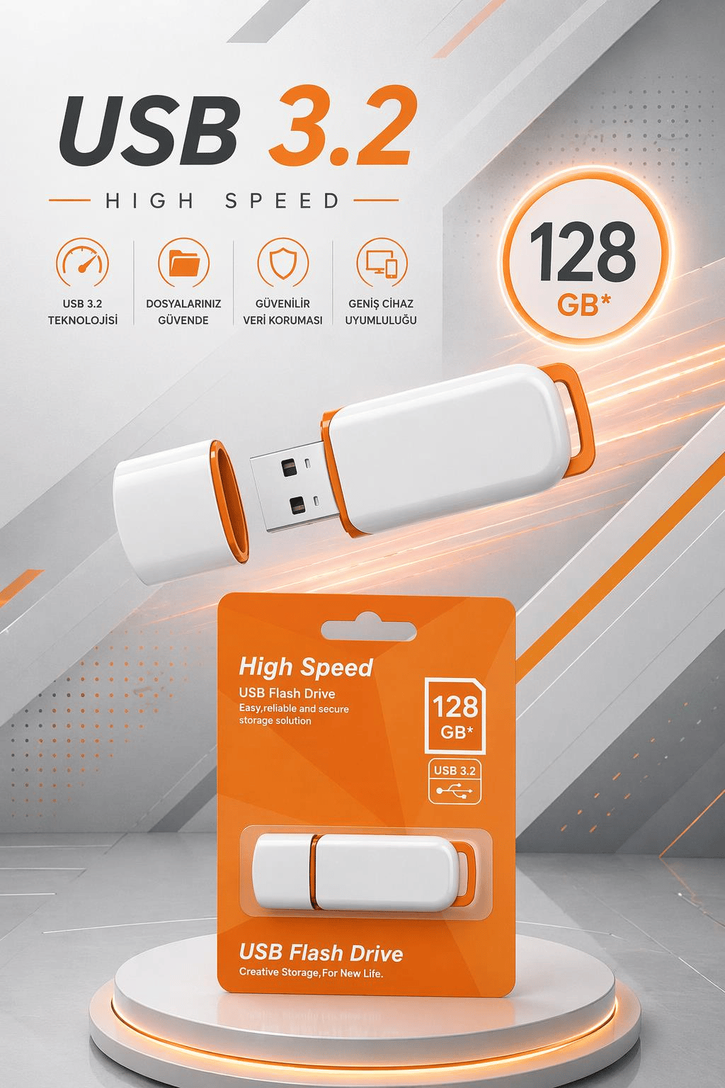 Elba 128GB USB 3.2 Plastik Flash Bellek (Beyaz-Turuncu)