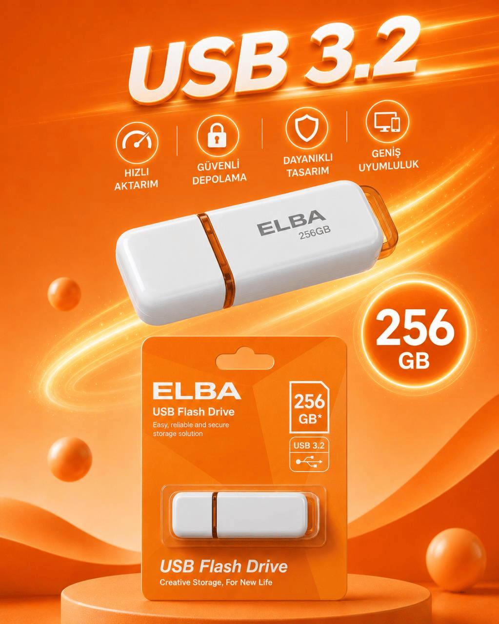 Elba 256GB USB 3.2 Flash Bellek – Beyaz/Turuncu
