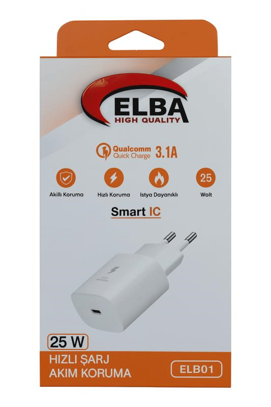 Elba ELB01-25WPD Beyaz 25W Şarj Kafa Type USB-C PD3.0/QC4.0(Akım Koruma/Hızlı Şarj/Isıya Dayanıklı)
