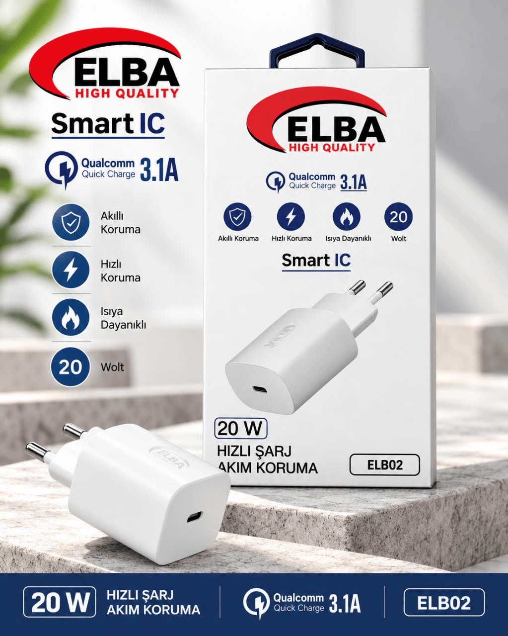 Elba ELB02-20WPD Beyaz 20W USB-C Şarj Cihazı PD 3.0/QC4.0(Akıllı Koruma/Hızlı Şarj/Isıya Dayanıklı)