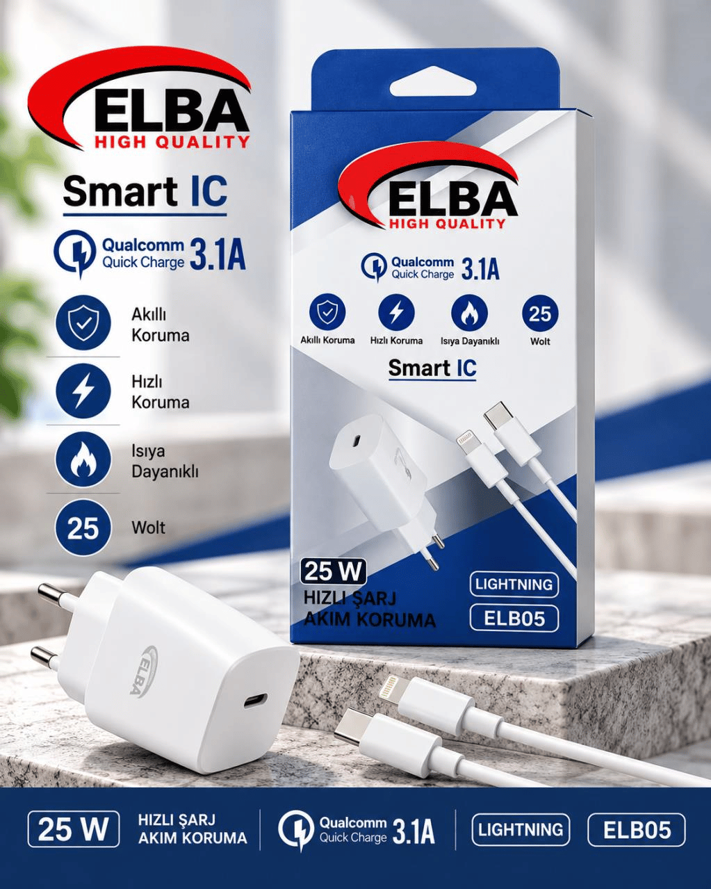 Elba ELB05-PD-25WIOS Beyaz 25W Usb-c Ev Şarj Kafa+1mt Type-c To Lightnıng Kablo PD3.0/QC4.0 Hızlı Şarj Cihazı
