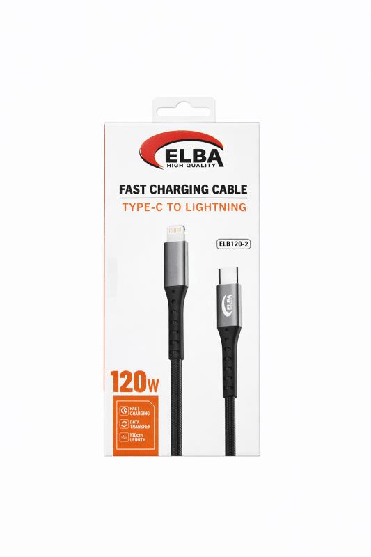 Elba ELB120-2 120W Ultra Hızlı Şarj ve Veri Kablosu – Type-C'den Lightning'e, 1 Metre, Siyah Örgülü Tasarım