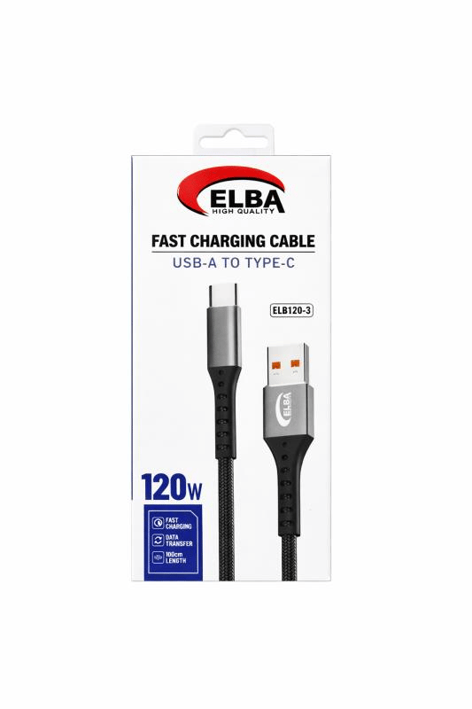 Elba ELB120-3 120W Ultra Hızlı Şarj ve Veri Kablosu – USB’den Type-C’ye, 1 Metre, Siyah Örgülü Kaplama