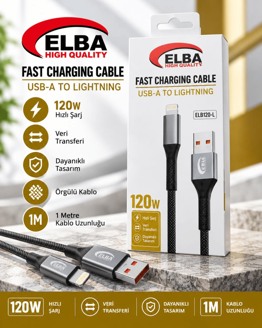 Elba ELB120-4 120W Ultra Hızlı Şarj Kablosu – USB'den Lightning'e, 1 Metre, Siyah Örgülü Tasarım