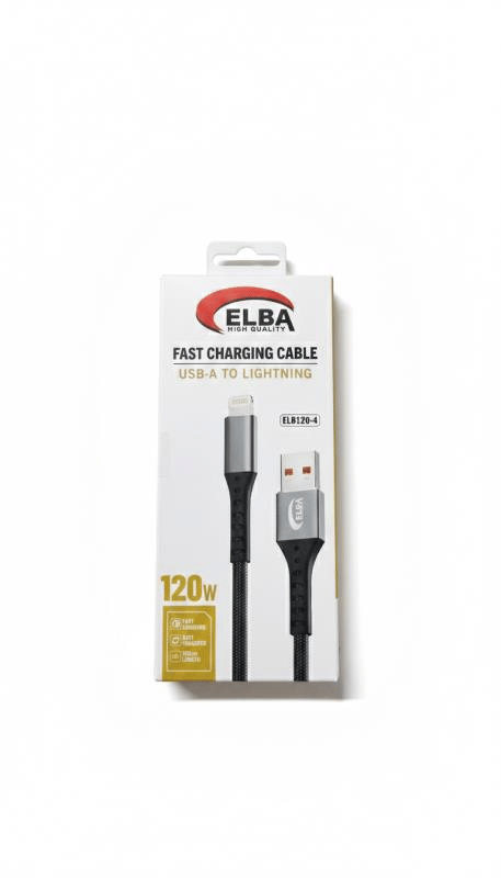 Elba ELB120-4 120W Ultra Hızlı Şarj Kablosu – USB'den Lightning'e, 1 Metre, Siyah Örgülü Tasarım