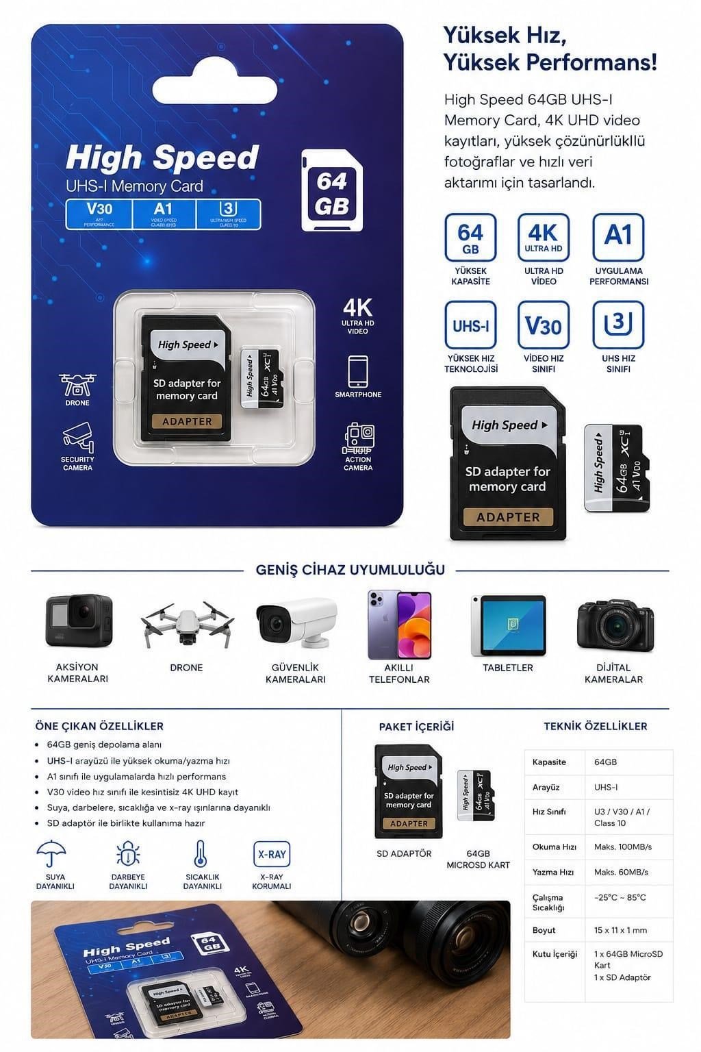ELBA High Speed 64GB A1 V30 U3 Micro Hafıza Kartı 