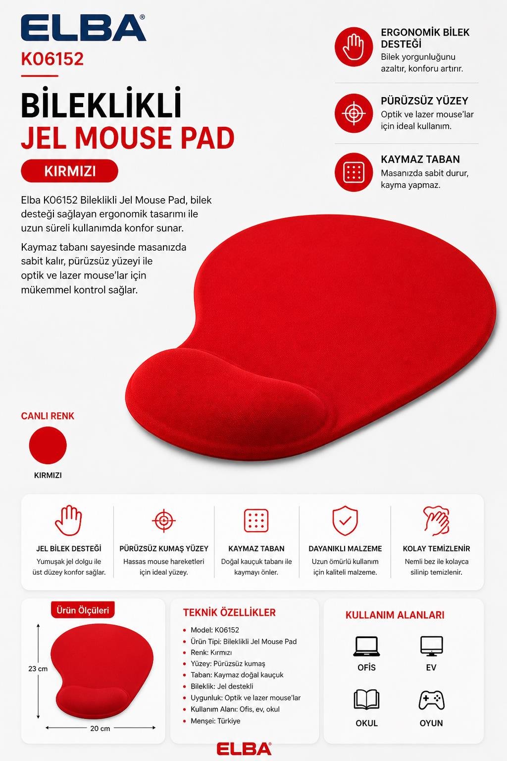 Elba K06152 Bileklikli Jel Mouse Pad Kırmızı