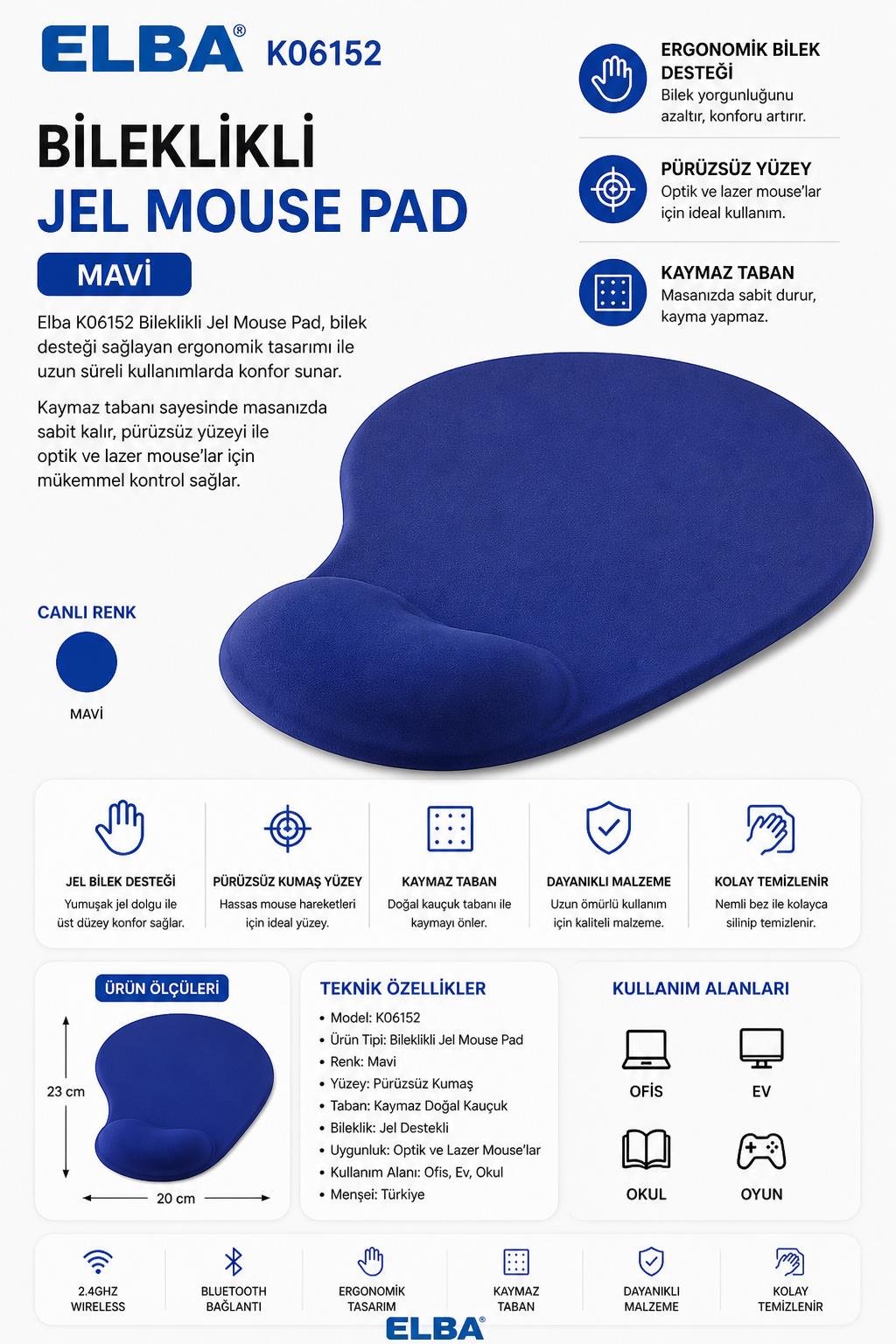 Elba K06152 Bileklikli Jel Mouse Pad Mavi