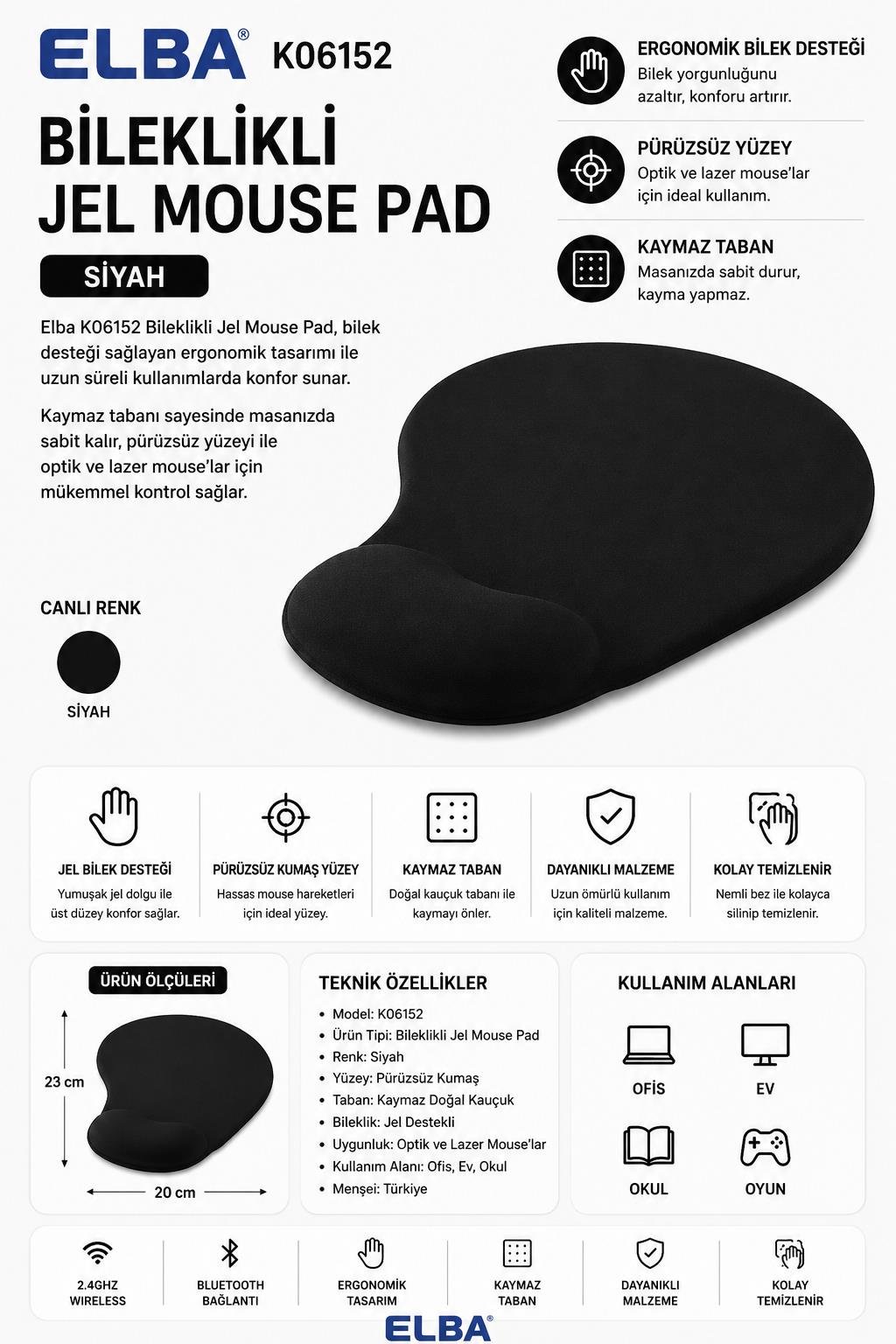 Elba K06152 Bileklikli Jel Mouse Pad Siyah