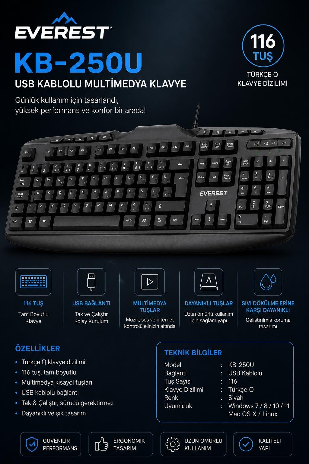 Everest KB-250U Siyah Q Usb Kablolu Multimedya 116 Tuşlu Klavye