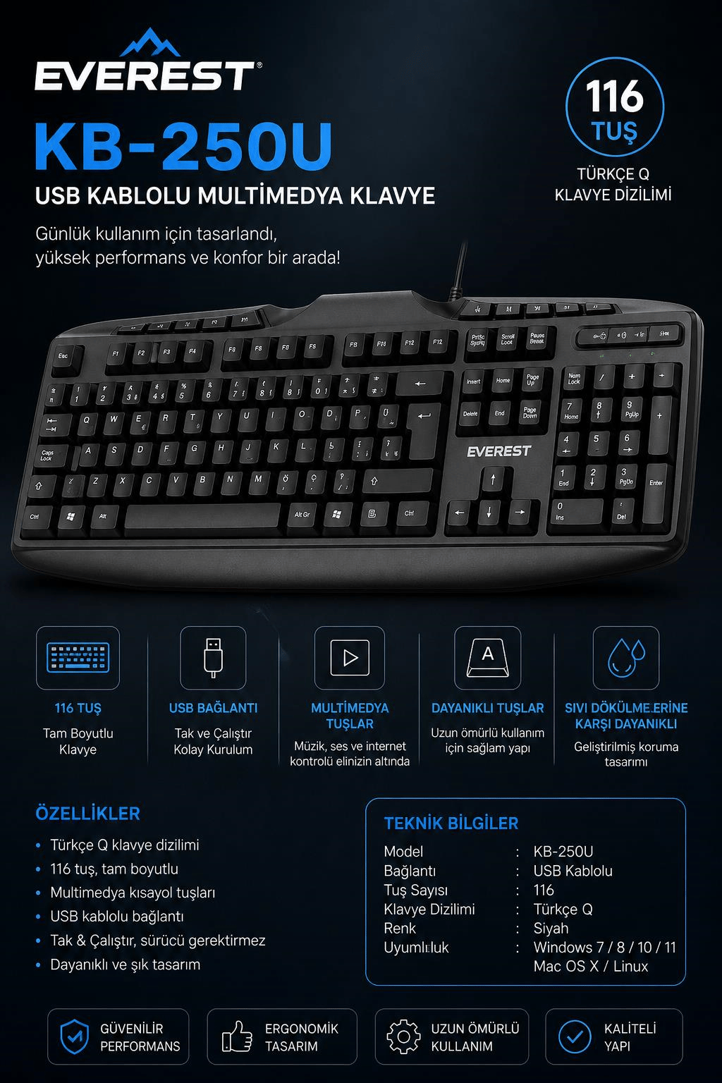 Everest KB-250U Siyah Q Usb Kablolu Multimedya 116 Tuşlu Klavye