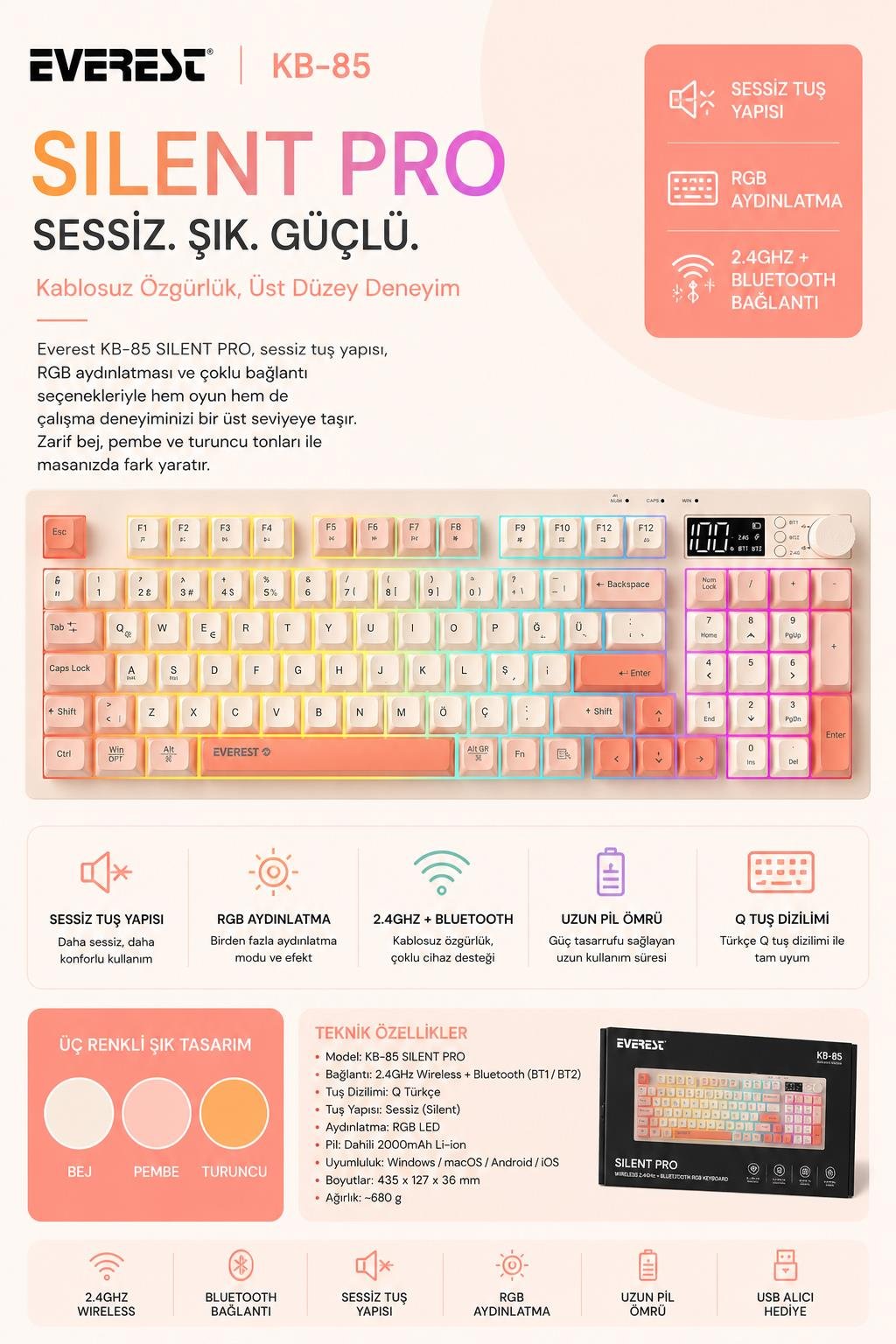 Everest KB-85 SILENT PRO Kablosuz Bej/Pembe/Turuncu SESSİZ RGB Wireless 2.4Ghz + Bluetooth Q Oyuncu Klavyesi