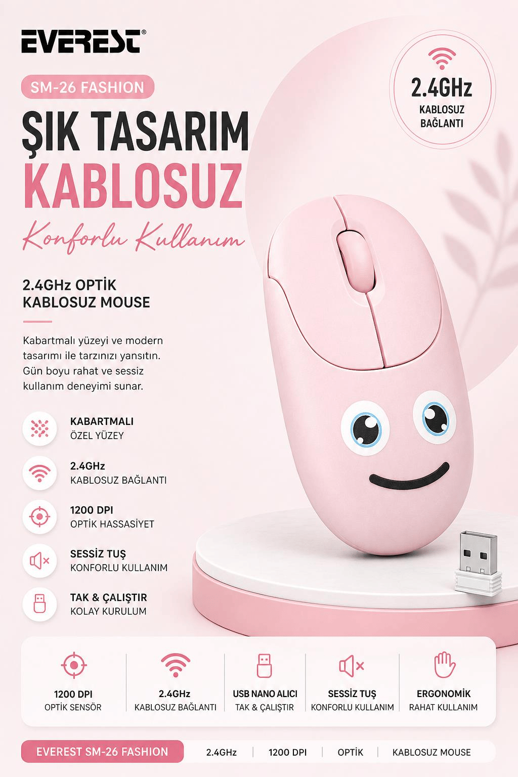 Everest SM-26 FASHION 2.4Ghz Pembe Kabartmalı Kablosuz Mouse