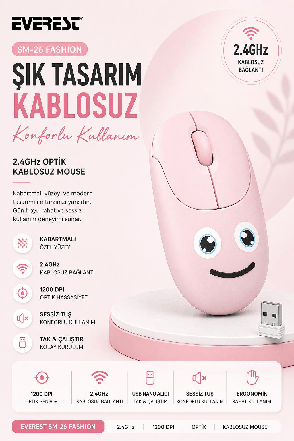Everest SM-26 FASHION 2.4Ghz Pembe Kabartmalı Kablosuz Mouse