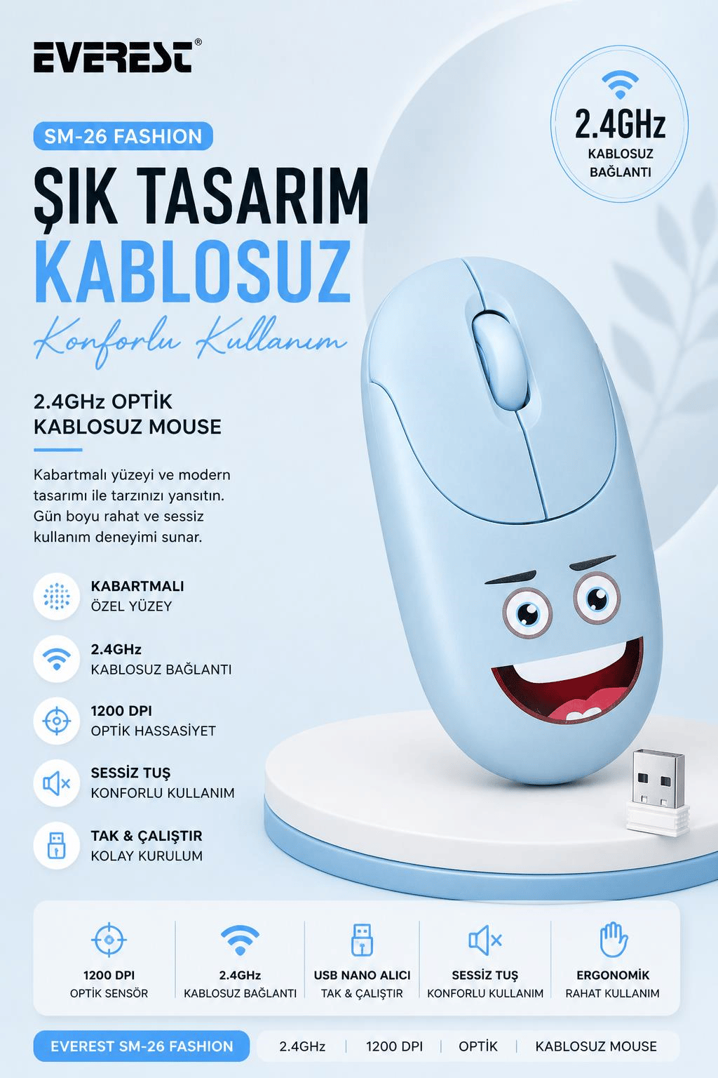 Everest SM-26 FASHION 2.4Ghz Mavi Kabartmalı Kablosuz Mouse