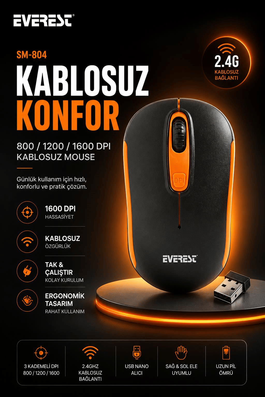 Everest SM-804 Usb Siyah/Turuncu 800/1200/1600dpi Kablosuz Mouse
