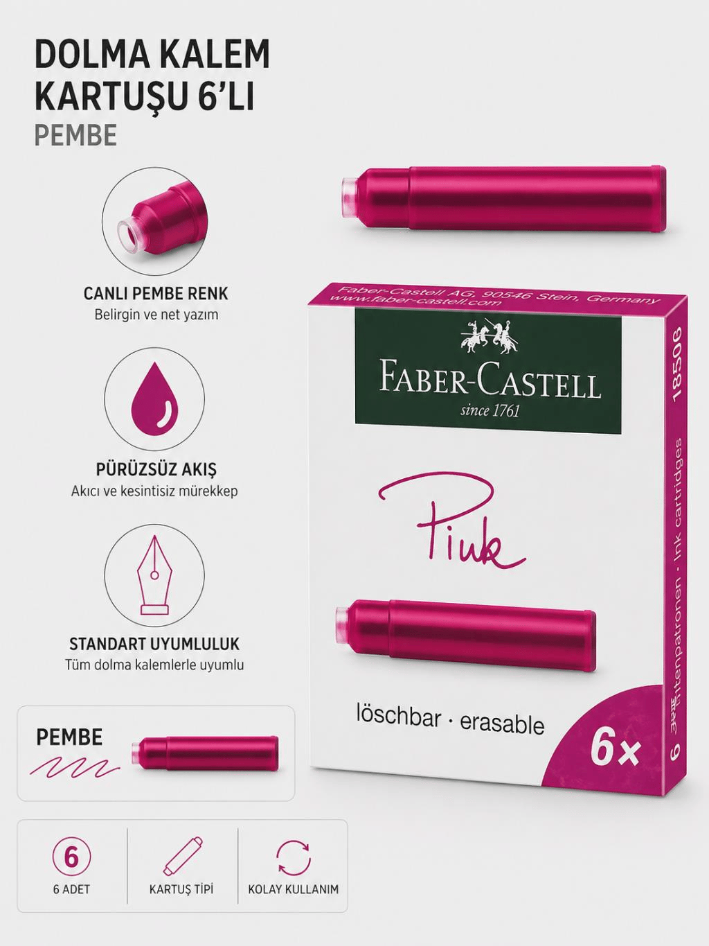 Faber Castell Dolma Kalem Kartuşu Pembe 6’lı – Canlı ve Akıcı Yazım Deneyimi