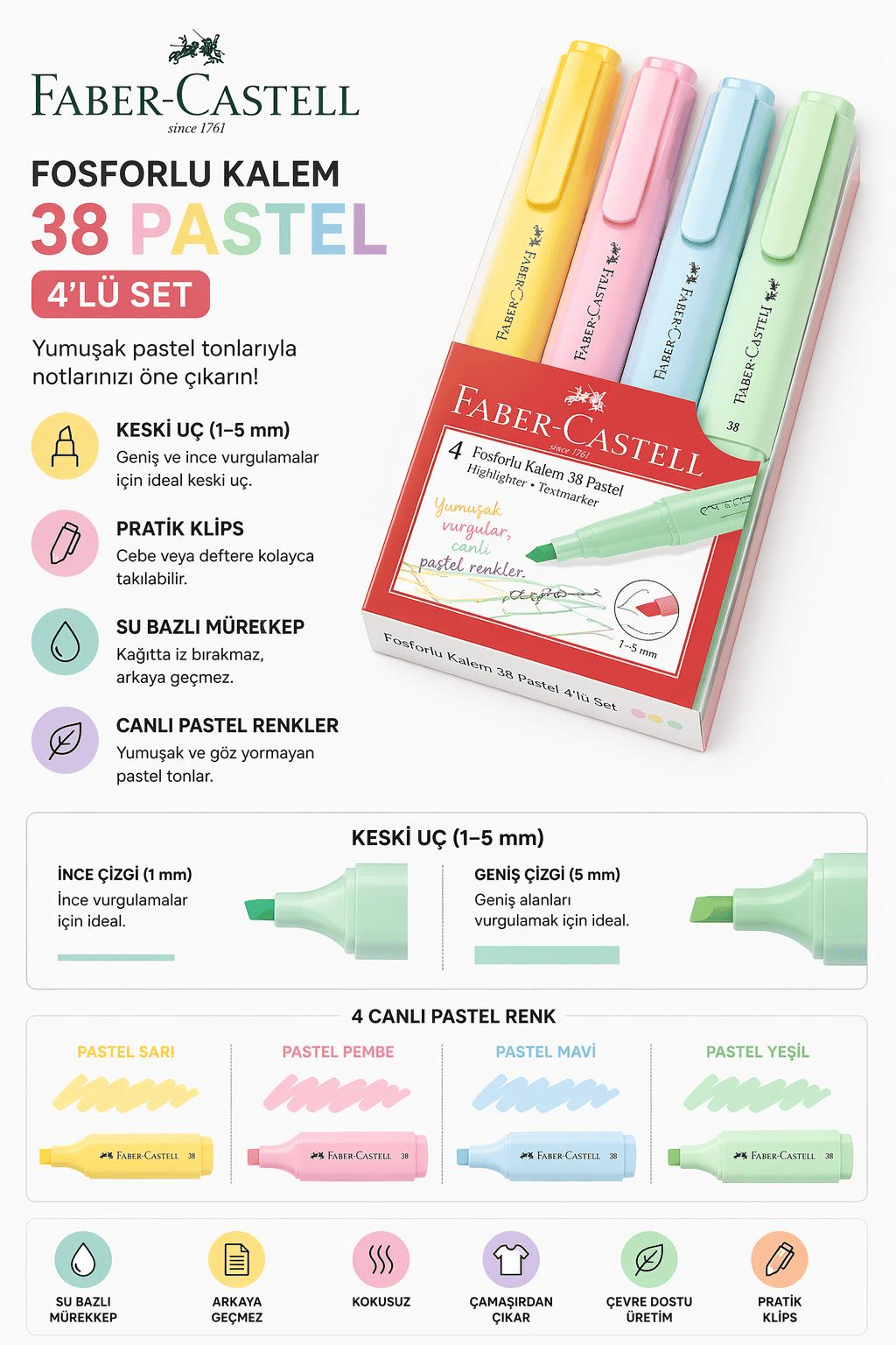 Faber Castell Fosforlu Kalem 38 Pastel 4'lü Set