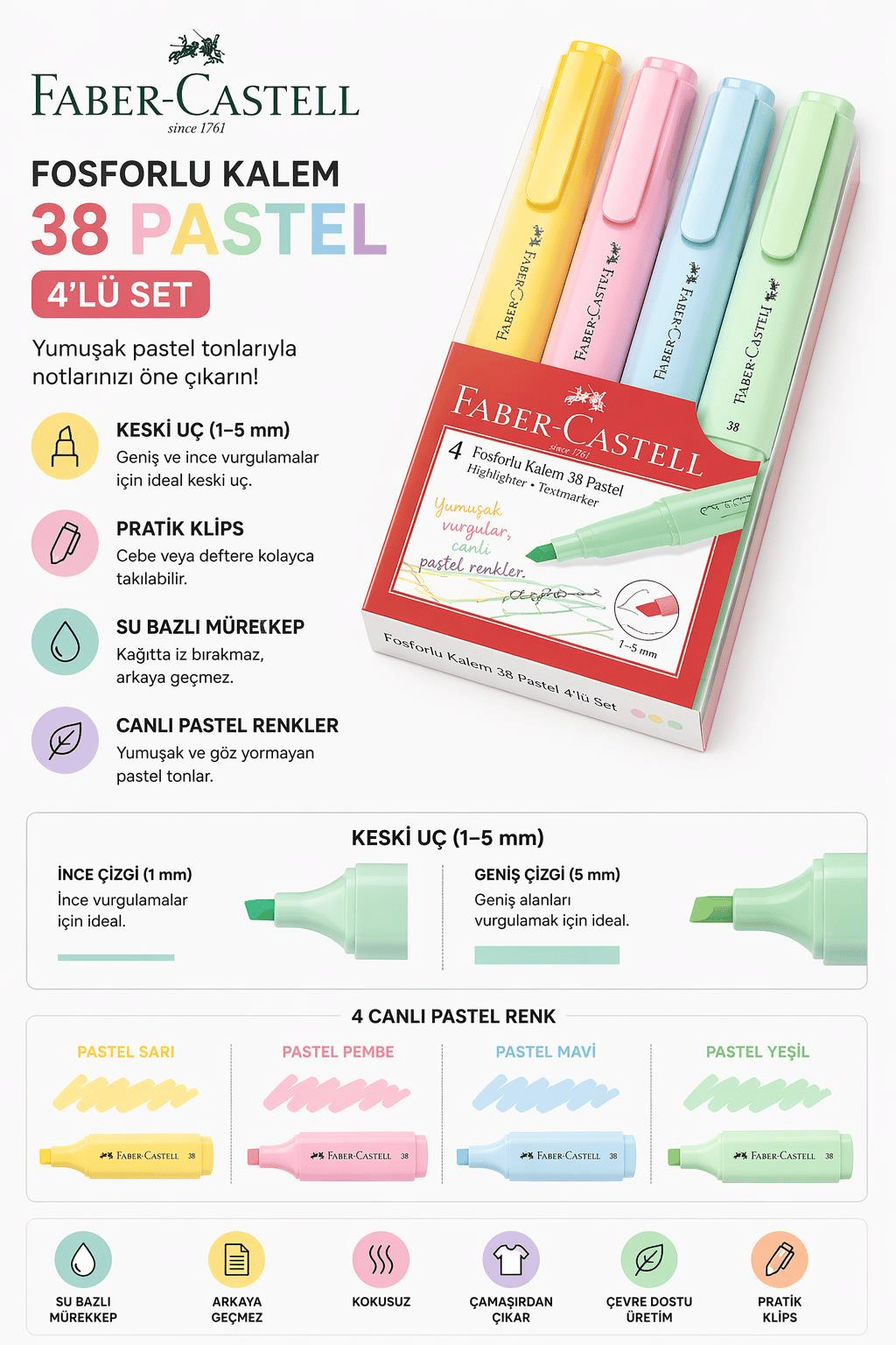 Faber Castell Fosforlu Kalem 38 Pastel 4'lü Set