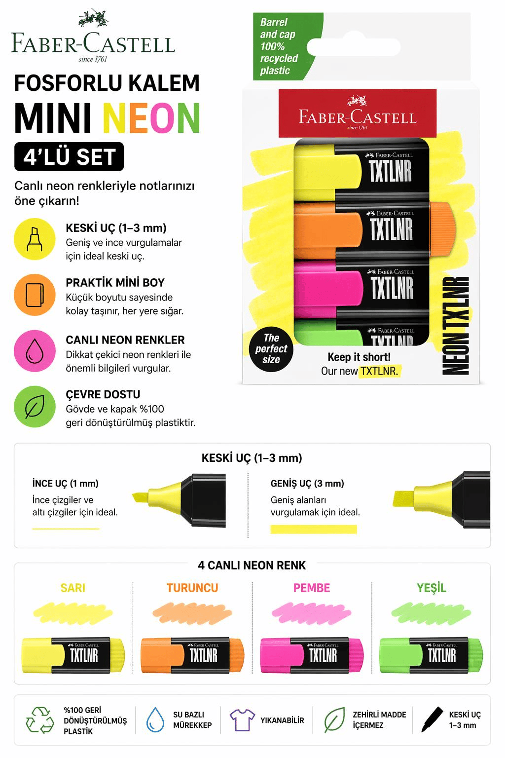 Faber Castell Fosforlu Kalem Mini Neon 4'lü Set - 154204