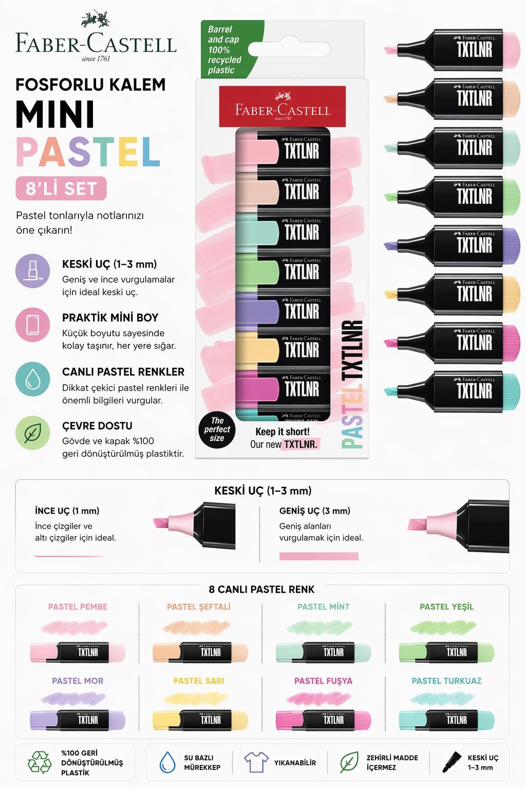 Faber Castell Fosforlu Kalem Mini Pastel 8'li Set - 154218