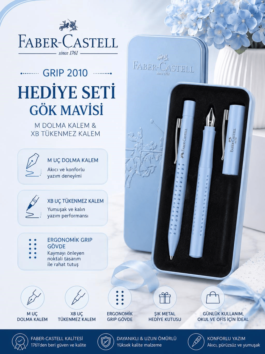 Faber Castell Grip 2011 Dolma Kalem-Tükenmez Kalem Matal Kutu Hediye Seti Gök Mavi