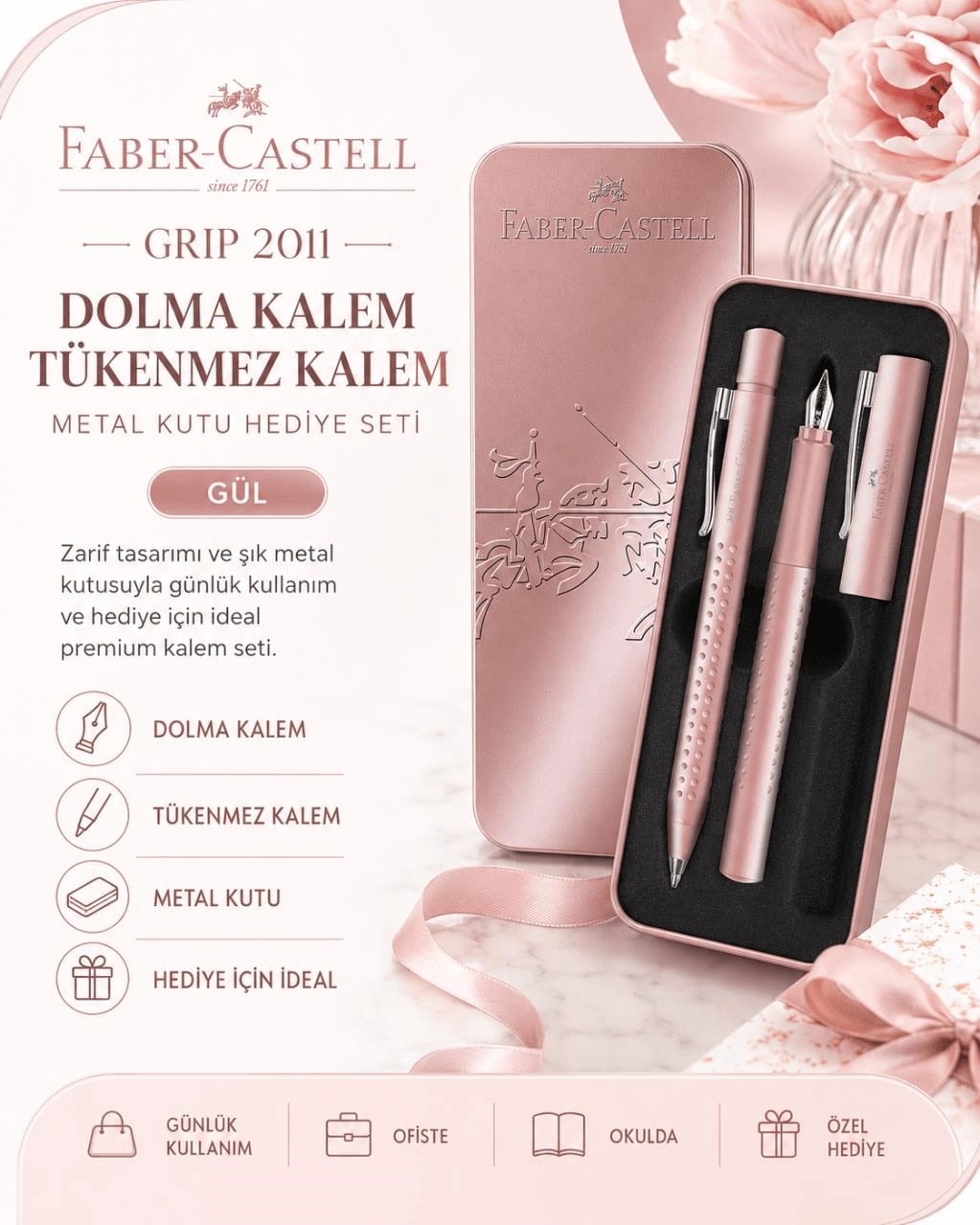 Faber Castell Grip 2011 Dolma Kalem-Tükenmez Kalem Metal Kutu Hediye Seti Gül