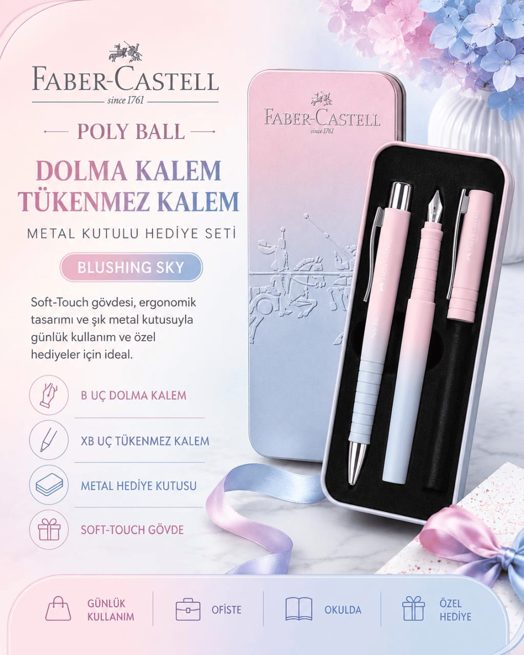 Faber Castell Poly Ball Blushing Sky Dolma Kalem ve Tükenmez Kalem Hediye Seti