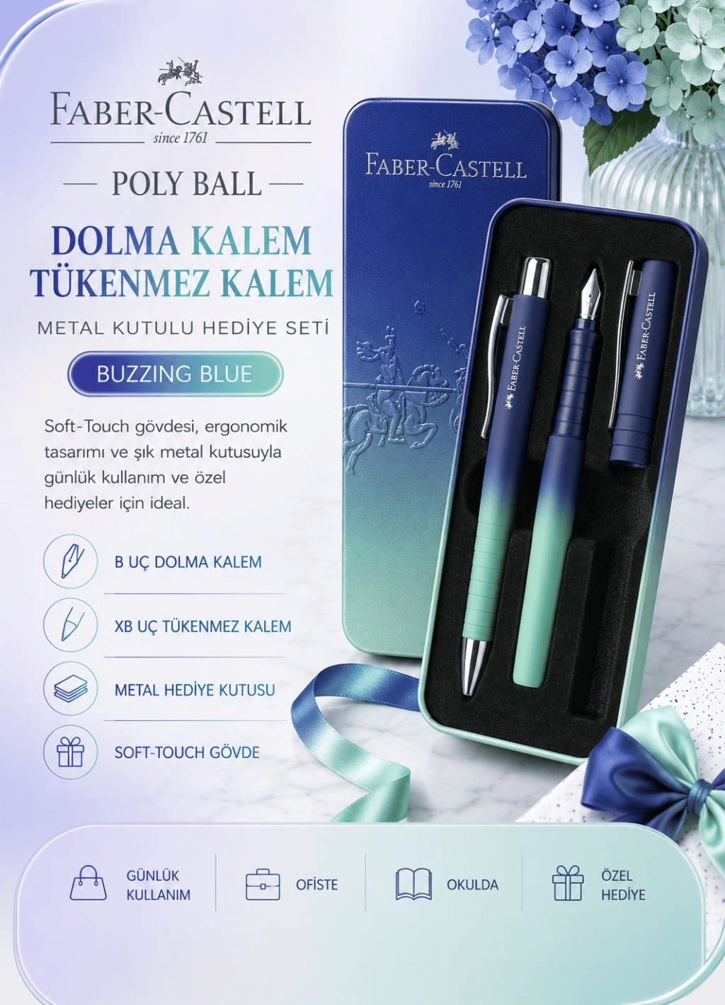 Faber Castell Poly Ball Buzzing Blue Dolma Kalem ve Tükenmez Kalem Hediye Seti