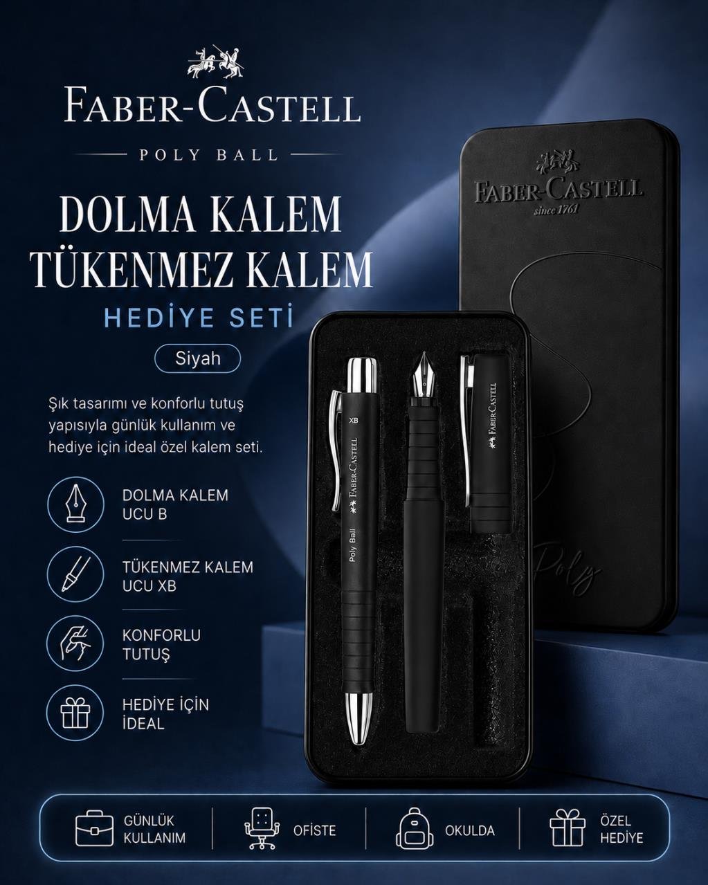 Faber-Castell Poly Ball Dolma Kalem ve Tükenmez Kalem Metal Kutulu Hediye Seti – Siyah