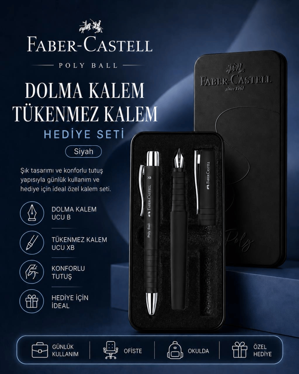 Faber-Castell Poly Ball Dolma Kalem ve Tükenmez Kalem Metal Kutulu Hediye Seti – Siyah