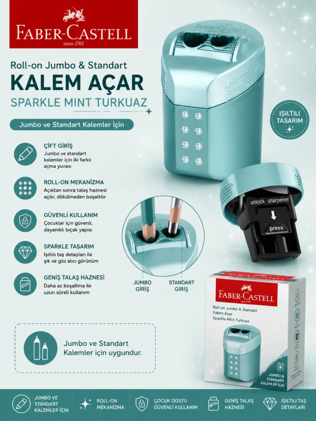 Faber Castell Roll-On Jumbo ve Standart Kalem Açar Kalemtıraş Sparkle Mint Turkuaz