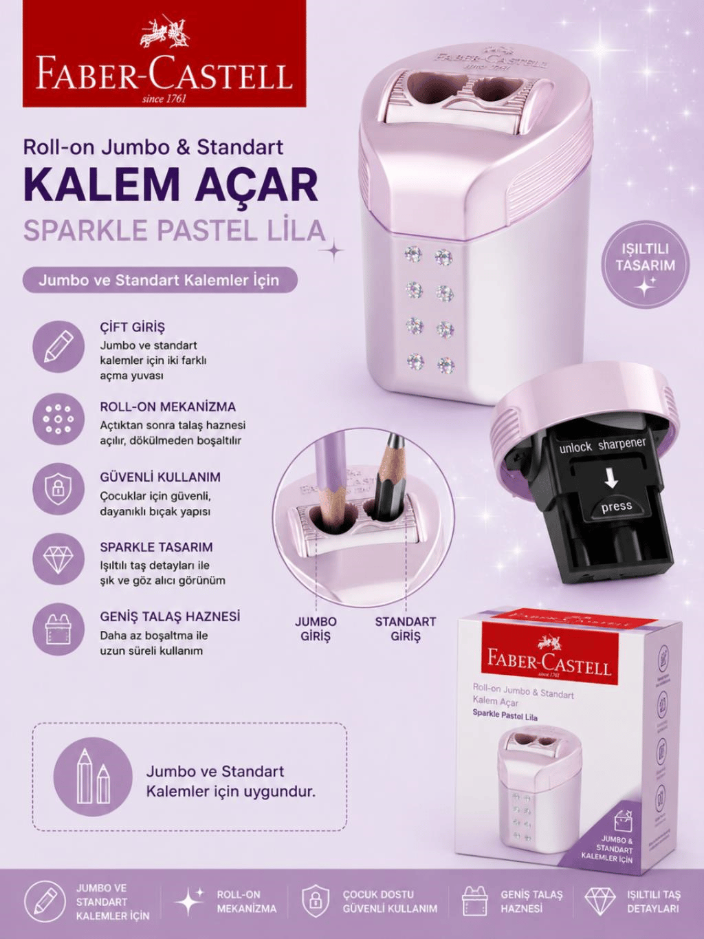 Faber Castell Roll-On Jumbo ve Standart Kalem Açar Kalemtıraş Sparkle Pastel Lila