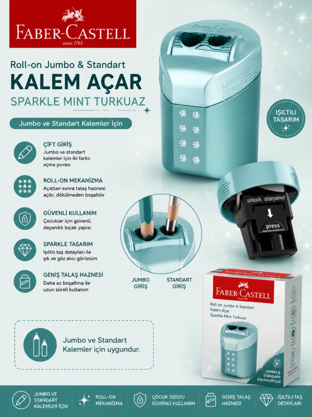Faber Castell Roll-On Jumbo ve Standart Kalem Açar Kalemtıraş Sparkle Mint Turkuaz