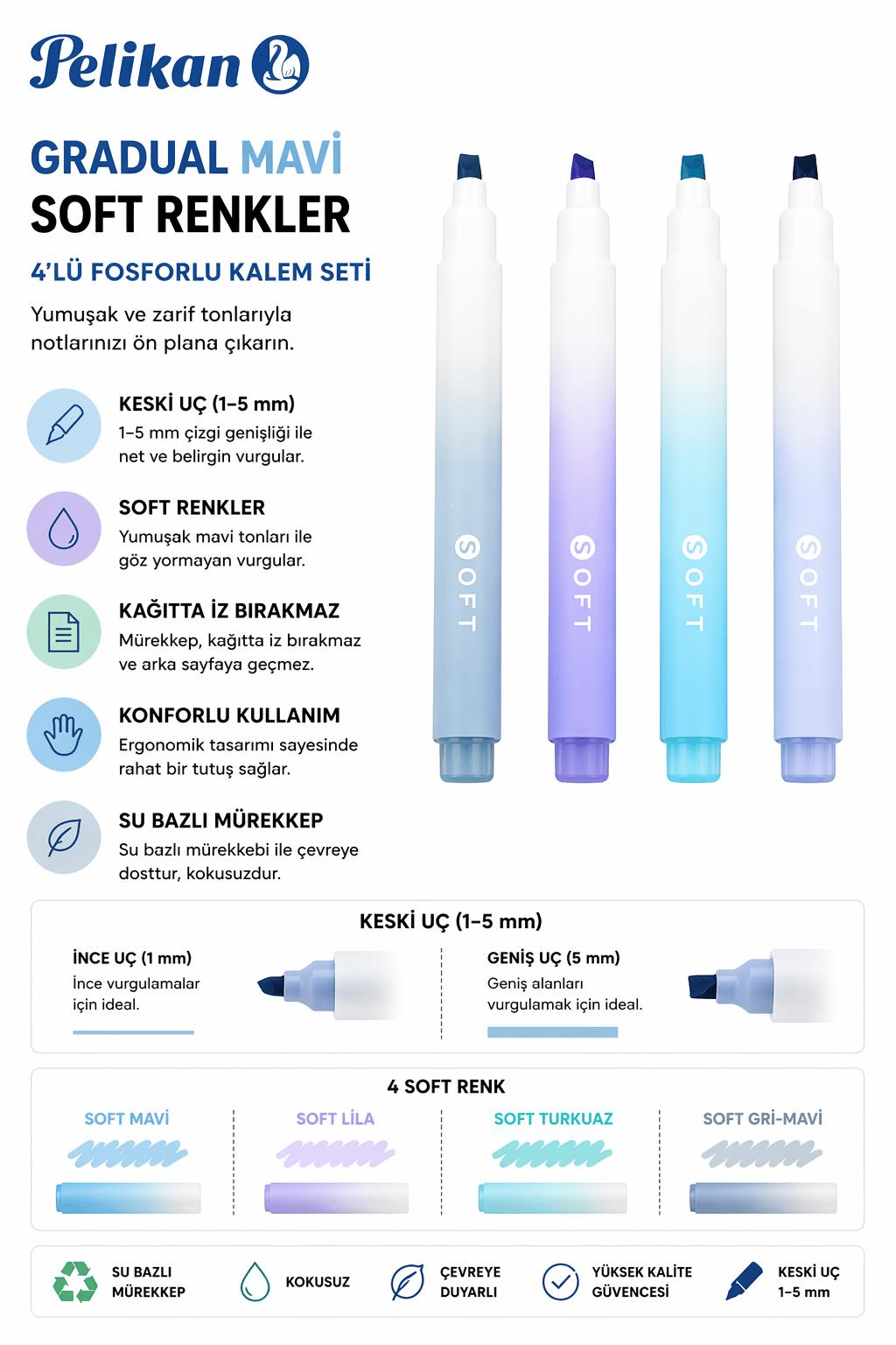 Gradual Mavi Soft Renkler 4lü Fosforlu Kalem Seti