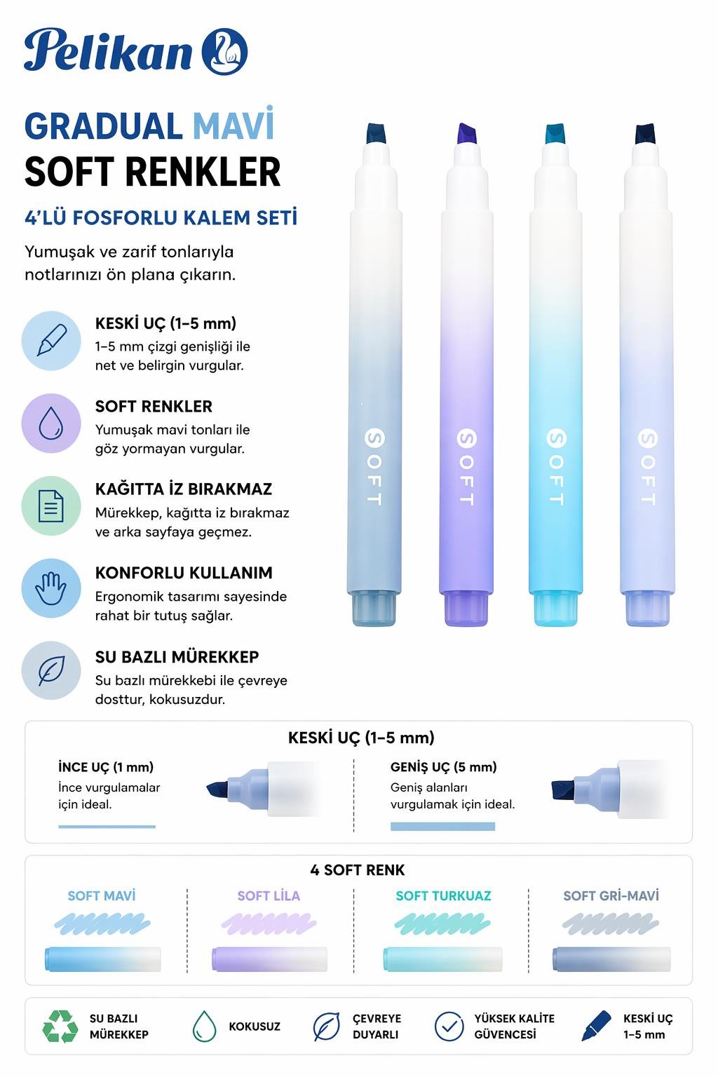 Gradual Mavi Soft Renkler 4lü Fosforlu Kalem Seti