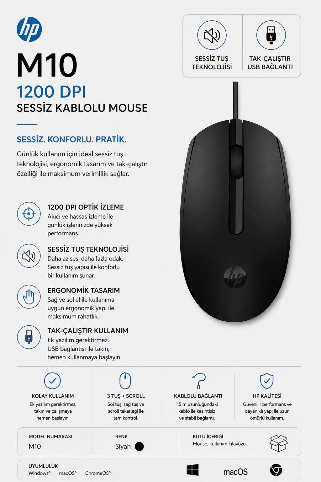 HP M10 1200 DPI Sessiz Kablolu Mouse | Ergonomik Tasarım, Tak-Çalıştır USB, Siyah