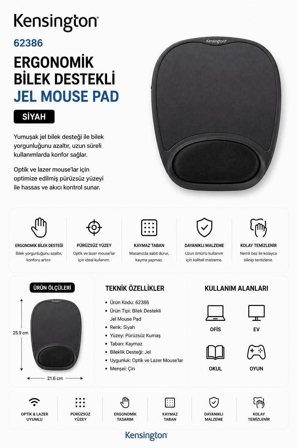 Kensington Ergonomik Bilek Destekli Jel Mouse Pad Siyah - KOD:62386