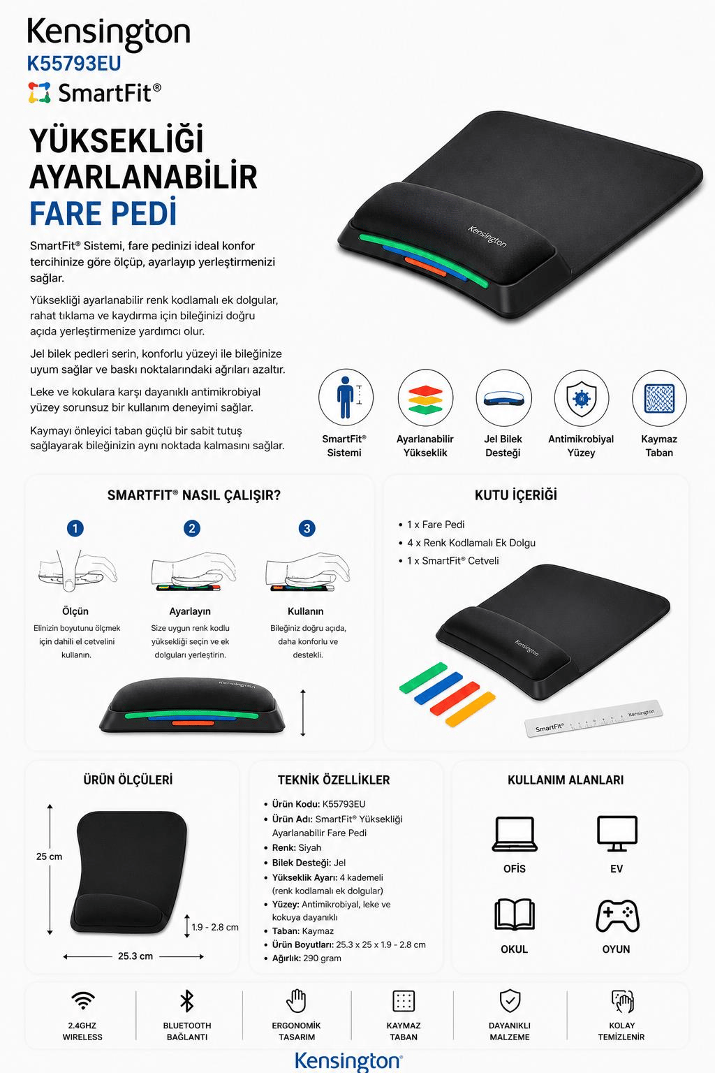 Kensington K55793EU SmartFit Yüksekliği Ayarlanabilir Fare Pedi
