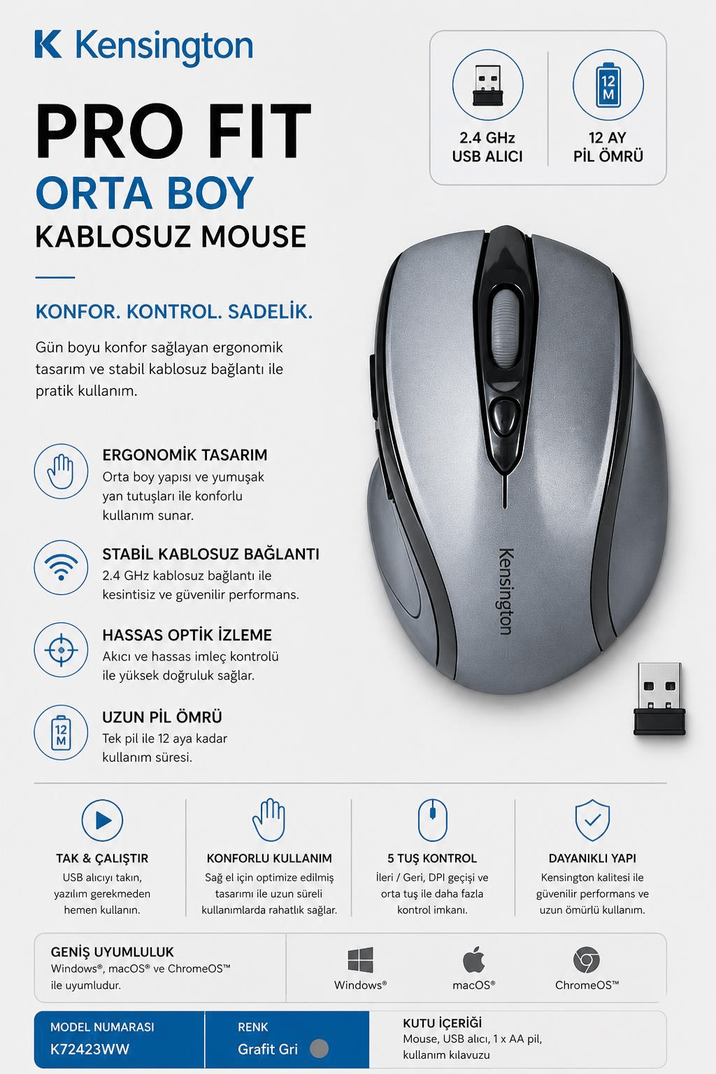Kensington Pro Fit Orta Kablosuz Mouse Grafit Gri - KOD:K72423WW
