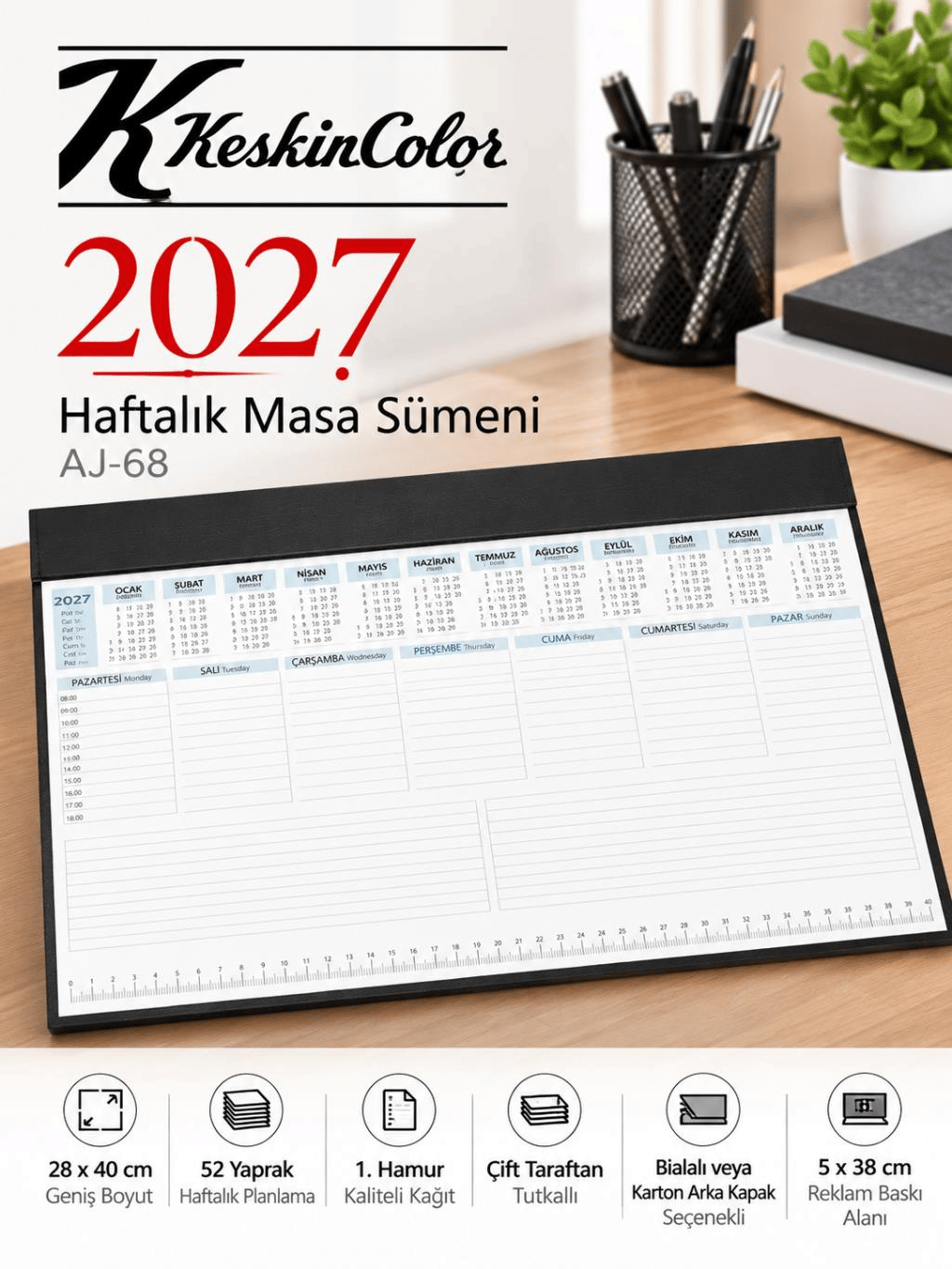 Keskin Color 2027 AJ-68 Haftalık Masa Sümeni – 28 × 40 cm