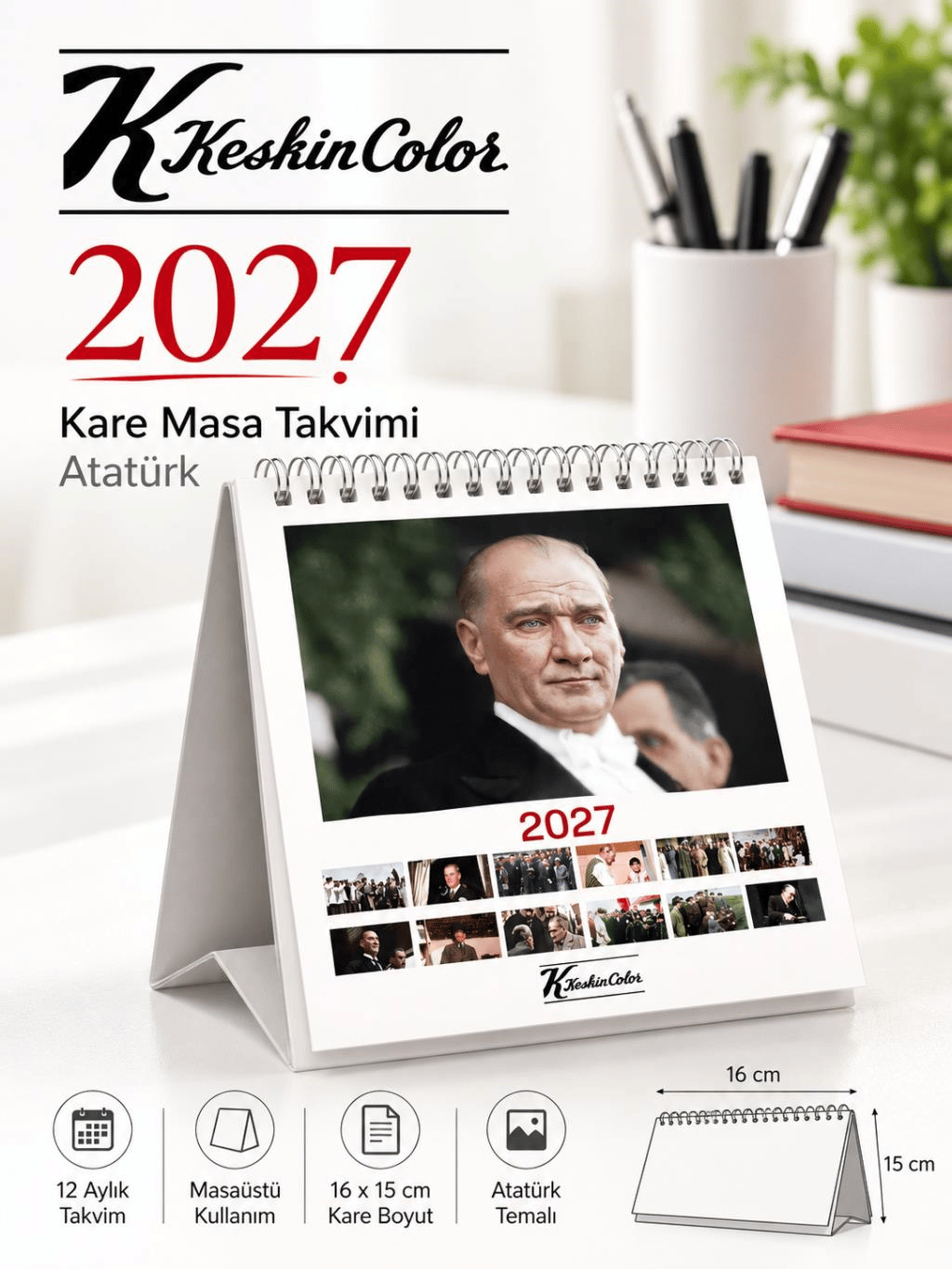 Keskin Color 2027 Kare Masa Takvimi Atatürk – 16 × 15 cm