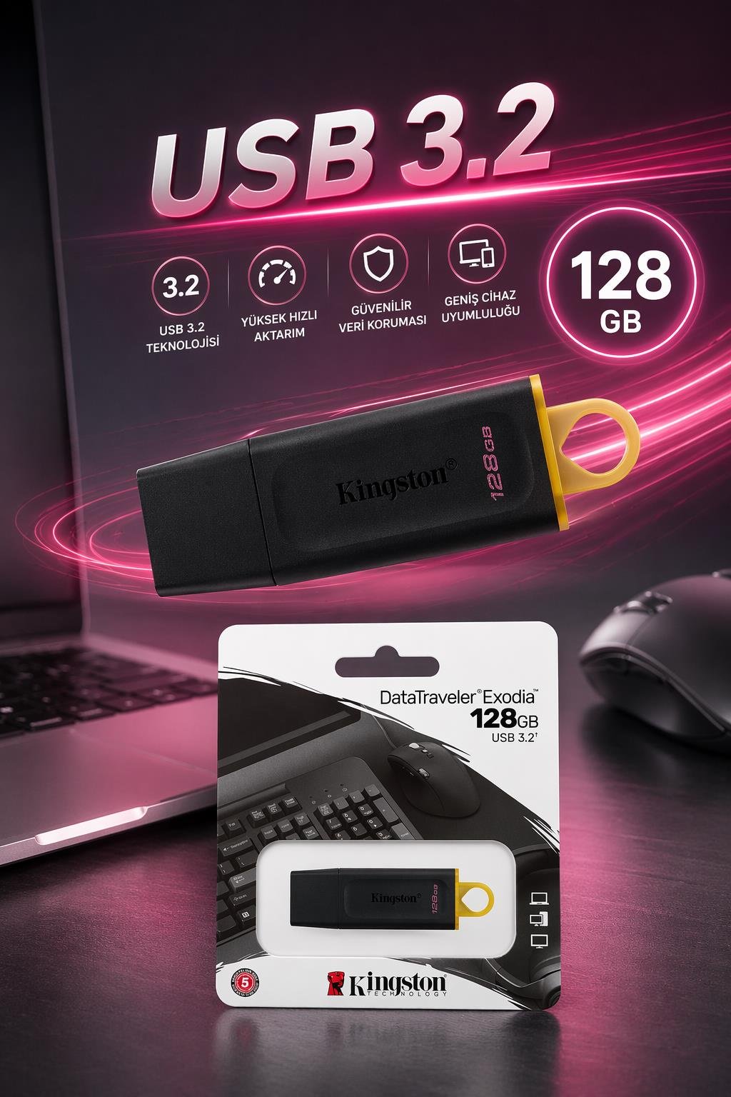 Kingston DTX/128GB 128GB USB 3.2 Gen1 DataTraveler Exodia (Siyah + Sarı) Flash Bellek