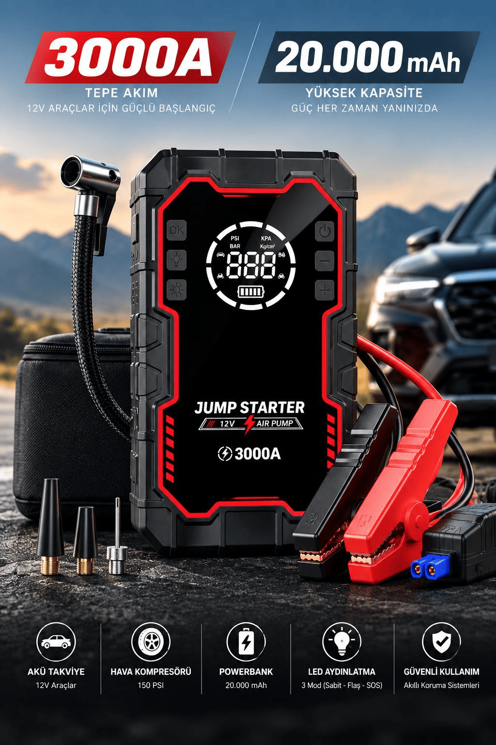 L088 3000A Akü Takviye Cihazı & 150 PSI Hava Kompresörü – 20.000 mAh 5'i 1 Arada Yol Yardım Seti