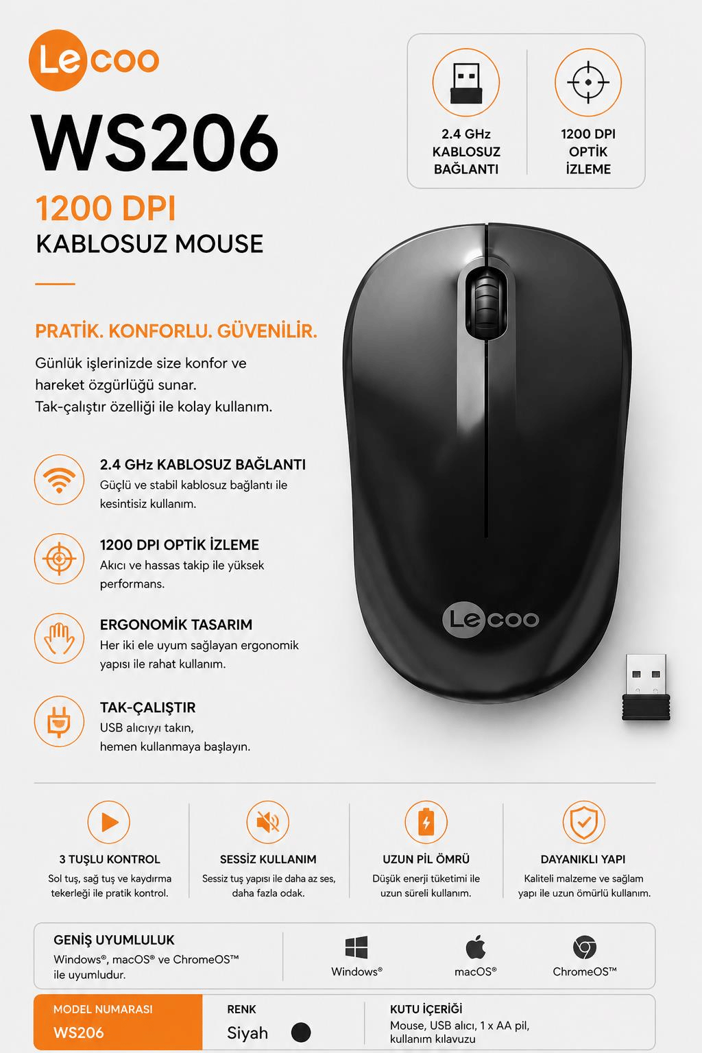 Lecoo WS206 Kablosuz 1200DPI 3 Tuşlu Optik Mouse Siyah