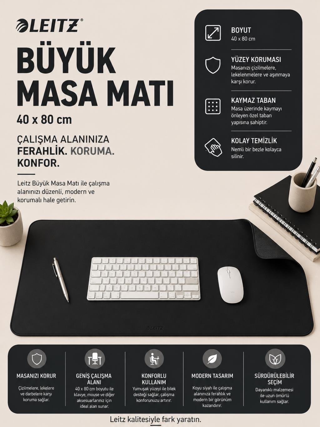 Leitz Büyük Masa Matı 40x80 cm Siyah Renk (Kod: 53820095)