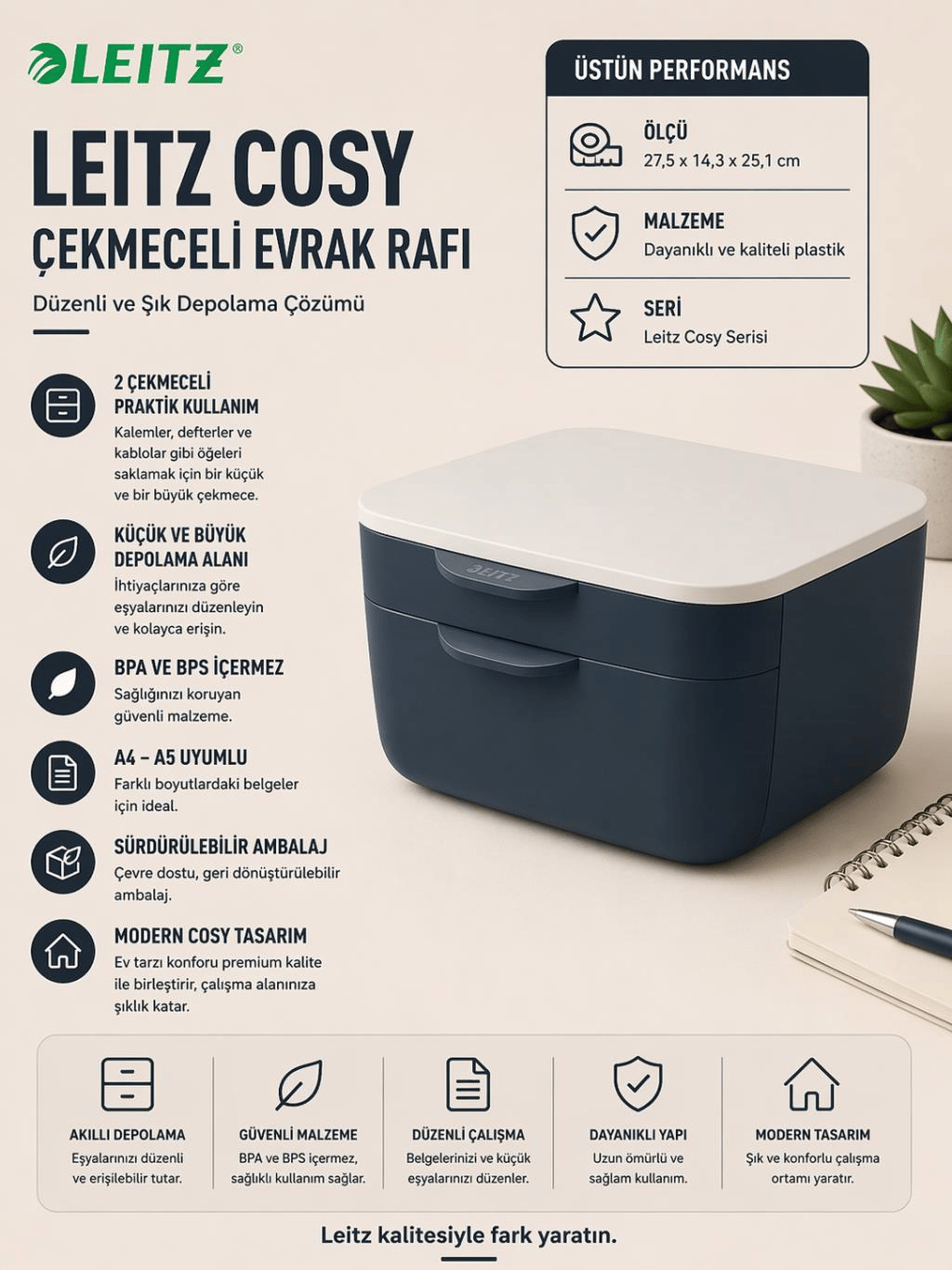 Leitz Cosy Çekmeceli Evrak Rafı - Kadife Gri - KOD:53570089