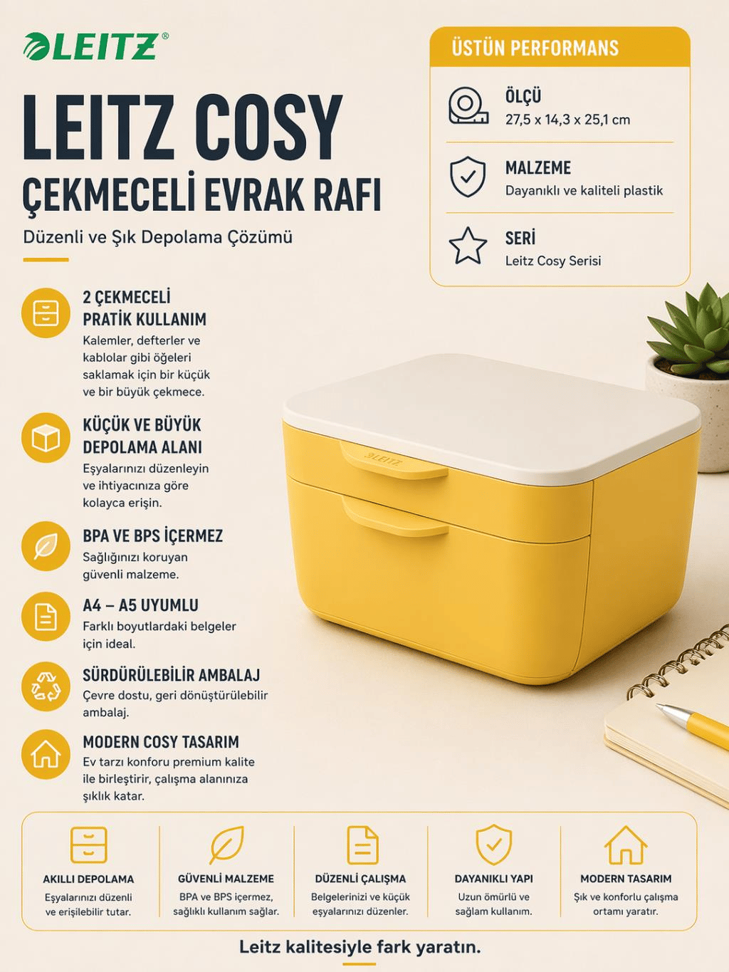Leitz Cosy Çekmeceli Evrak Rafı - Sarı - KOD:53570019