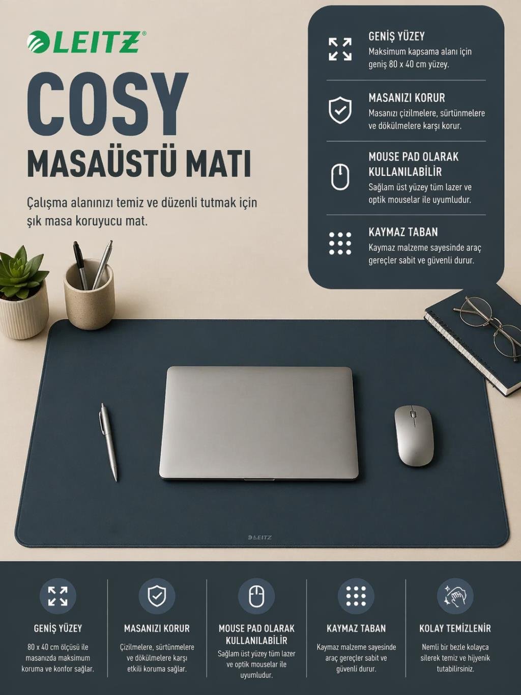 Leitz Cosy Masaüstü Matı - Kadife Gri - KOD:52680089