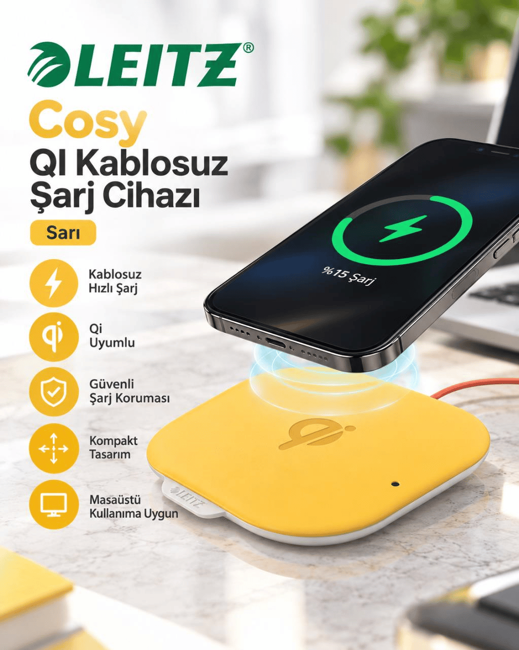 Leitz Cosy QI Kablosuz Şarj Cihazı -Sarı